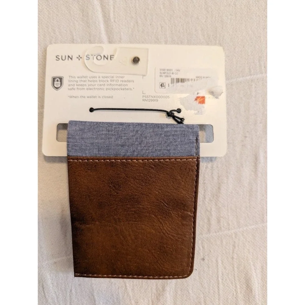 Sun Stone Slimfold Wallet Brown Faux Leather‎ RFID Blocking New with Tags